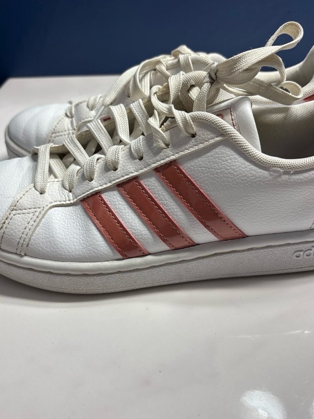 adidas Women's White Leather Sneakers with Coral Stripes